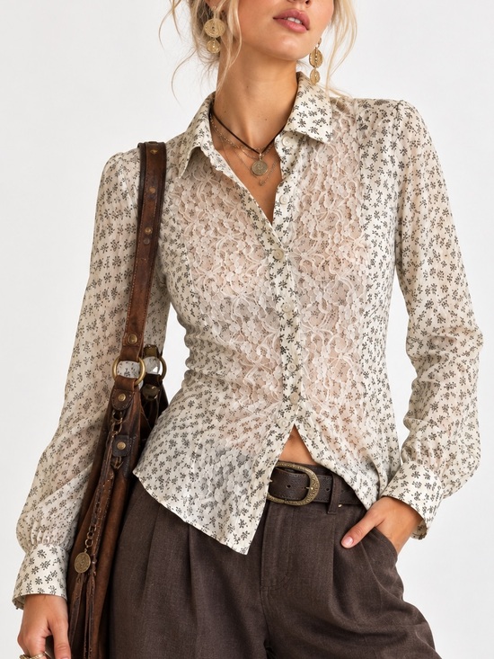 Free People Tops - Free People All That Glitters Lace Button Down Blouse Top XS Coquette Boho Chic